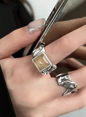 韩版S925镀银方糖戒指女复古时尚几何V型开口指环不规则ins食指戒