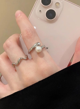极简几何波浪戒指女甜美珍珠微镶S925银开口指环法式复古食指戒潮