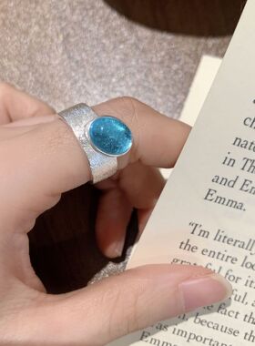 甜酷精致蓝色雾面宽边戒指女韩版时尚百搭气质开口指环ins食指戒