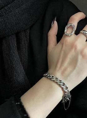 韩版S925镀银几何镂空不规则戒指女复古重工气质素圈开口指环食指