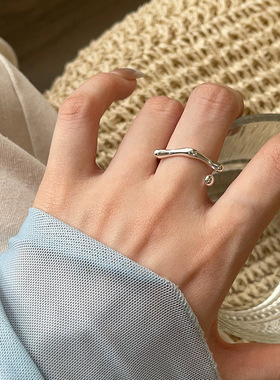 甜酷海蓝椭圆锆石戒指女简约时尚个性设计感S925镀银开口食指环潮