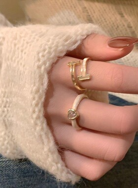 精致滴釉戒指女双层链条百搭T型爱心优雅轻奢S925镀银开口食指环