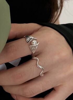 甜酷蚌壳含珠戒指女优雅气质温柔波浪S925镀银开口指环食指戒潮