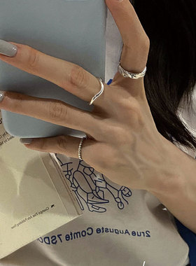 韩版S925镀银个性几何不规则戒指女复古时尚叠戴圆珠开口指环食指