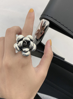 欧美夸张大花瓣戒指女复古嘻哈花朵指环韩版S925镀银网红食指戒潮