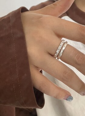 轻奢双层麻花拉丝戒指女小众设计感气质百搭开口指环ins风食指戒