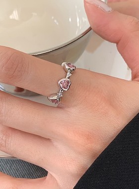 粉色爱心锆石戒指女法式复古小众桃心S925银开口指环网红食指戒潮