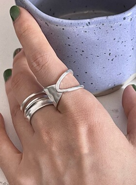 金属磨砂雾面镂空戒指女简约时尚个性S925镀银开口指环小众食指戒