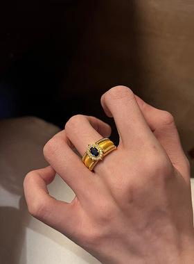 轻奢彩色椭圆戒指女宫廷风复古时尚S925镀银开口指环小众食指戒潮