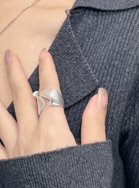 轻奢雾面宽边戒指女几何波纹不规则S925镀银开口指环小众食指戒潮