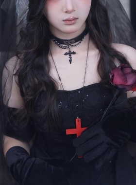 黑十字架项圈红色木质挂脖长项链