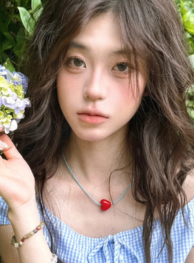 简约红色爱心吊坠撞色蓝绳可爱甜美项链韩系ins小众锁骨链小清新