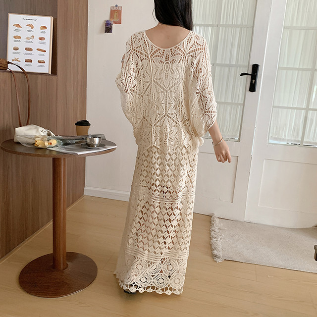 ພາກຮຽນ spring lazy ແບບແຂງສີ lace hollow skirt