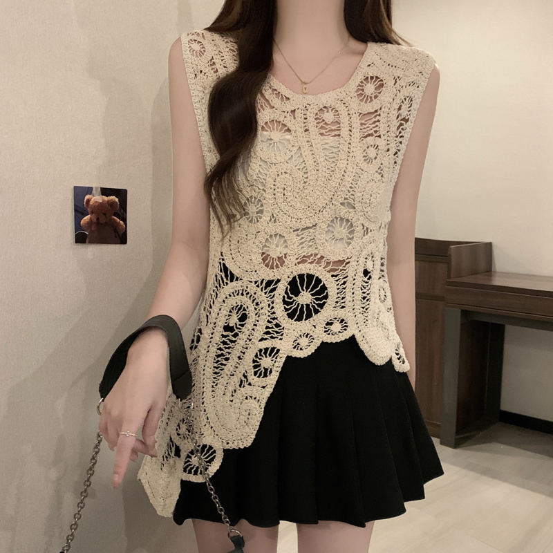设计感镂空纯色钩花叠穿小背心女装夏法式吊带小个子无袖马甲上衣 - 图1
