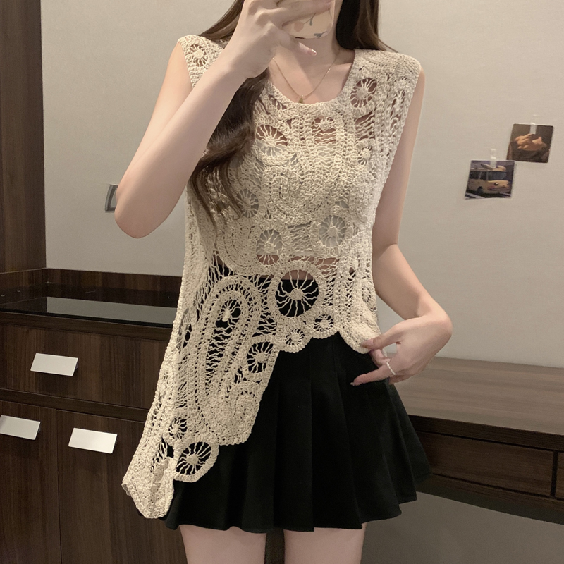 设计感镂空纯色钩花叠穿小背心女装夏法式吊带小个子无袖马甲上衣 - 图3