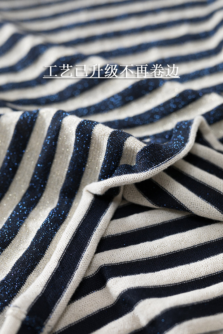 bling暗闪蓝白条纹圆领针织lj t恤 大脸猫熊静家一微胖休闲简约随性毛针织衫
