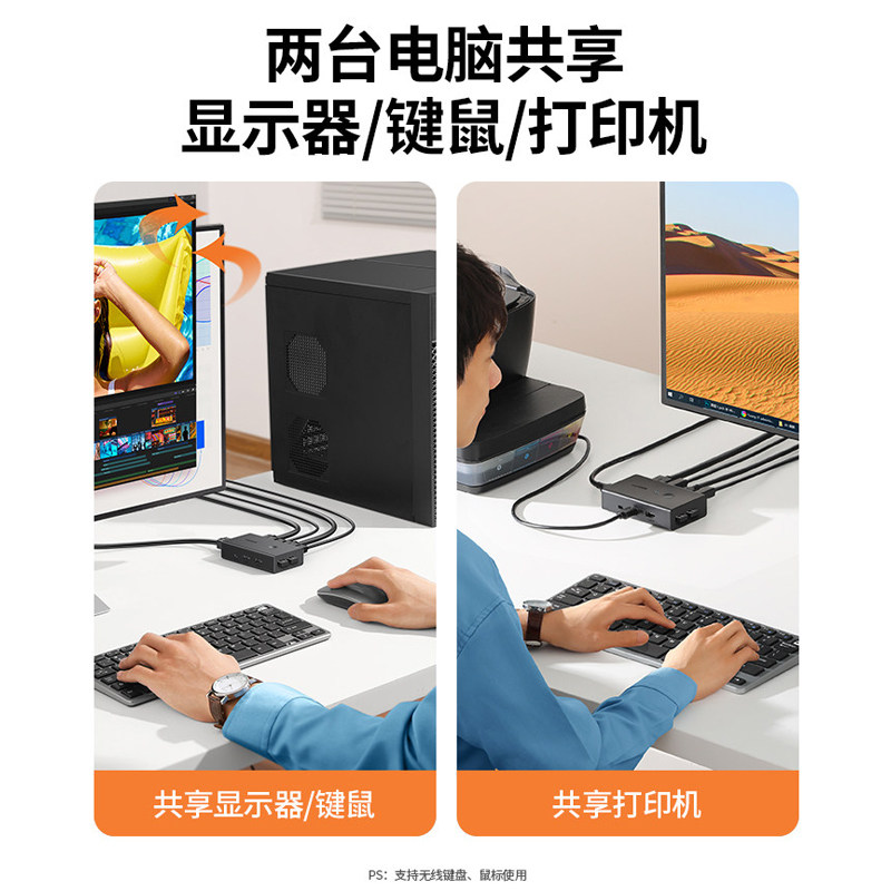 绿联kvm切换器hdmi二进一出四进一套键盘鼠标控制两台电脑2双主机共用一个显示器带多usb共享同步分配切屏器