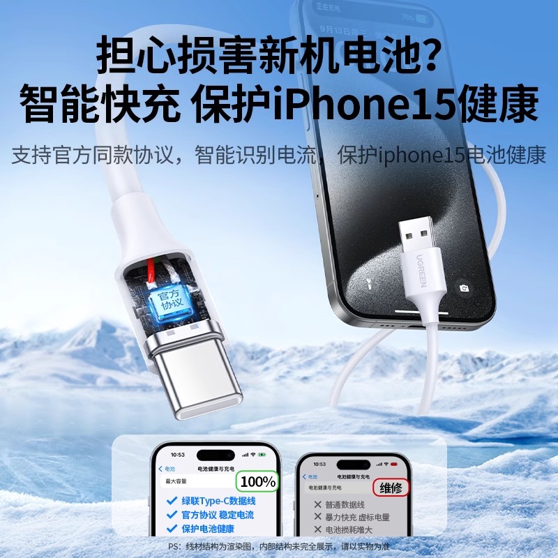 绿联iphone15promax充电线usbc转typec数据线适用苹果vivo小米oppo手机快充电宝tpyec口carplay车载充电器线-图2