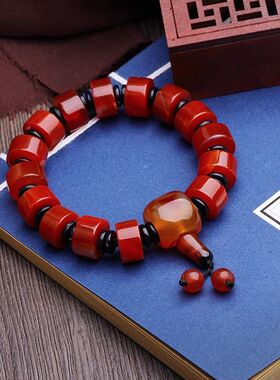 天然保山南红玛瑙手链纯手工中国风男士手饰三通佛头手串珠宝佛珠