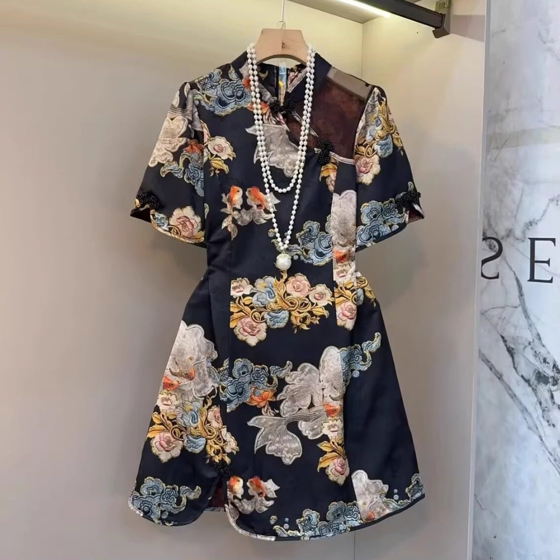 大码胖妹妹国风复古改良版旗袍裙2025夏季新款提花设计感显瘦裙子 - 图0