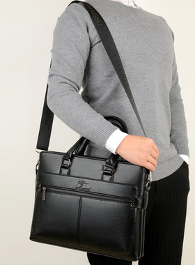 牛皮男款手提包大容量商务上班通勤公文包真皮休闲横款A4文件跨包