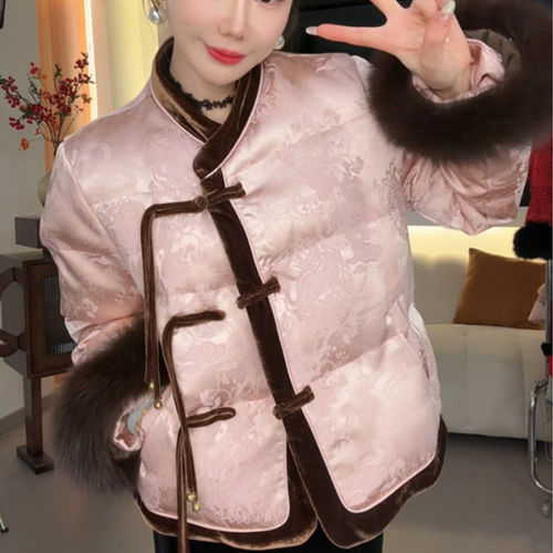 新中式国风盘扣提花棉袄外套女2025冬季宽松加厚短款棉服裙子套装 - 图0