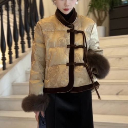 新中式国风盘扣提花棉袄外套女2025冬季宽松加厚短款棉服裙子套装 - 图1