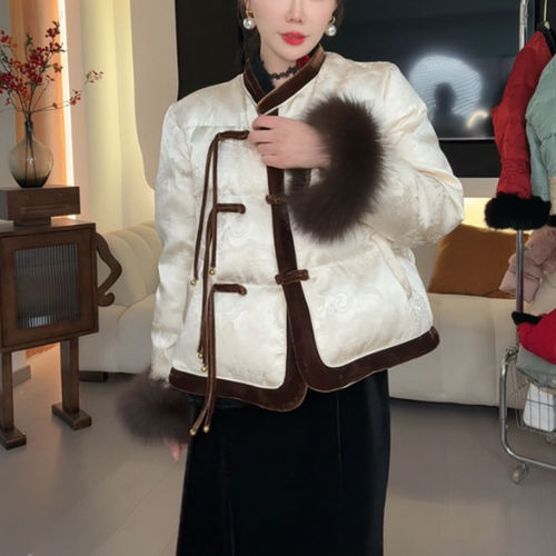 新中式国风盘扣提花棉袄外套女2025冬季宽松加厚短款棉服裙子套装 - 图3