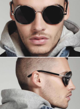 嘻哈潮朋克圆形金边复古黑色墨镜