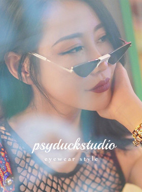 猫眼墨镜女时髦凹造型痞帅个性复古三角形太阳镜男潮窄框蹦迪眼镜