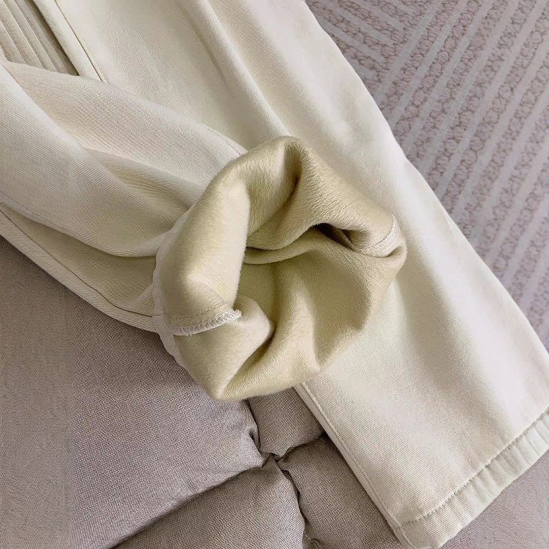 米杏色加绒宽松直筒牛仔裤女秋冬新款高腰显瘦设计感褶皱阔腿裤子,淘宝优惠券,粉丝福利购,淘宝优惠卷