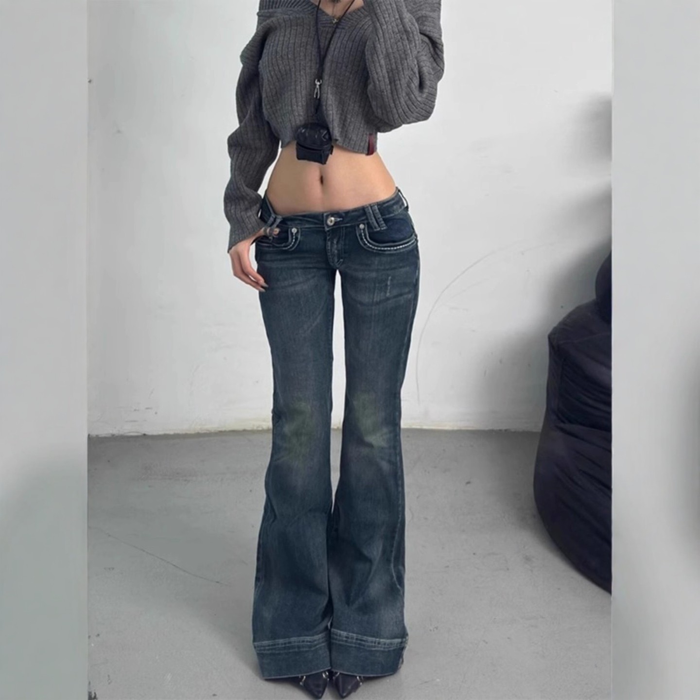 美式辣妹低腰紧身牛仔微喇裤女秋季新款做旧水洗马蹄拖地长裤子潮,淘宝优惠券,粉丝福利购,淘宝优惠卷