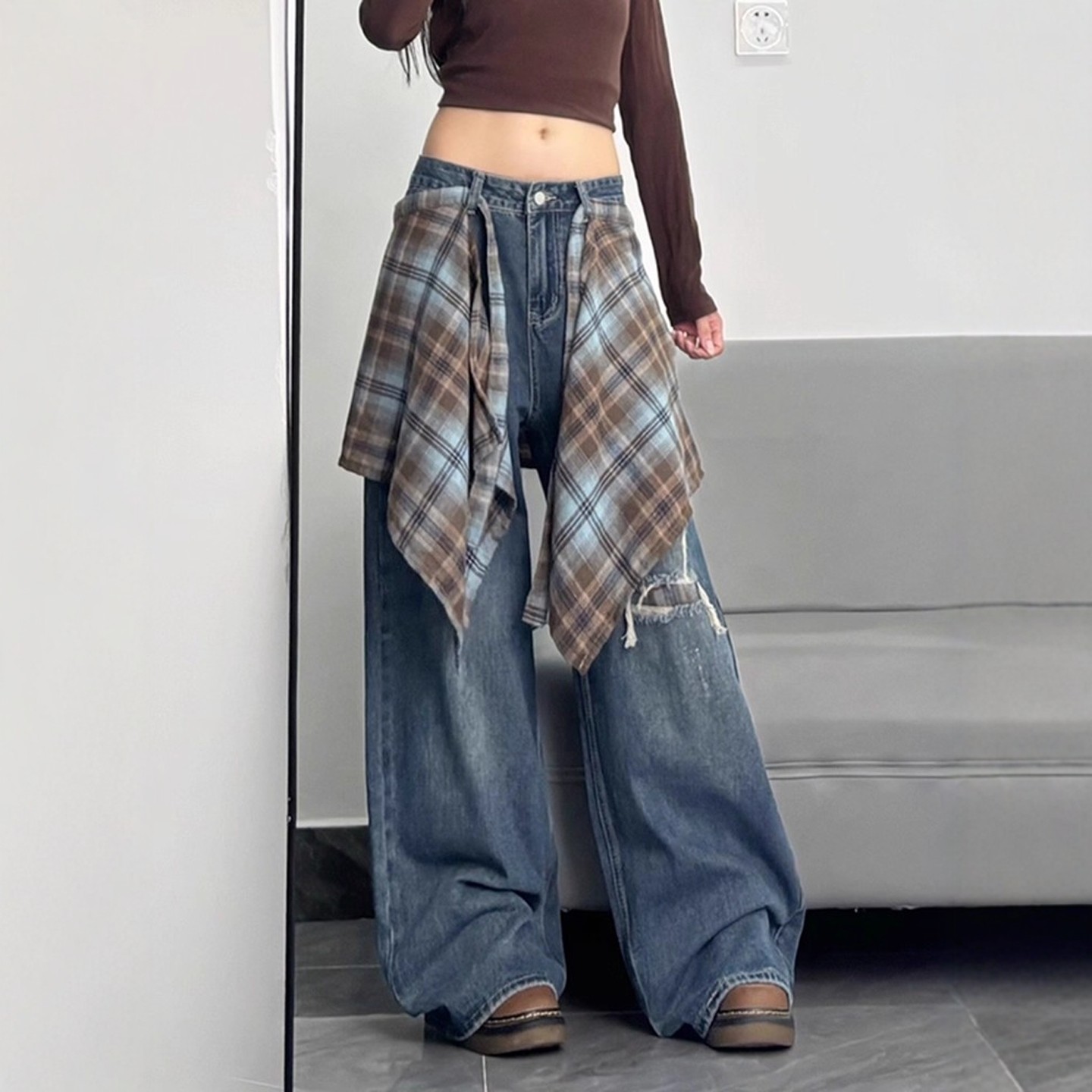 美式复古格子屁帘破洞牛仔裤女秋季2025新款设计感高腰宽松阔腿裤,淘宝优惠券,粉丝福利购,淘宝优惠卷