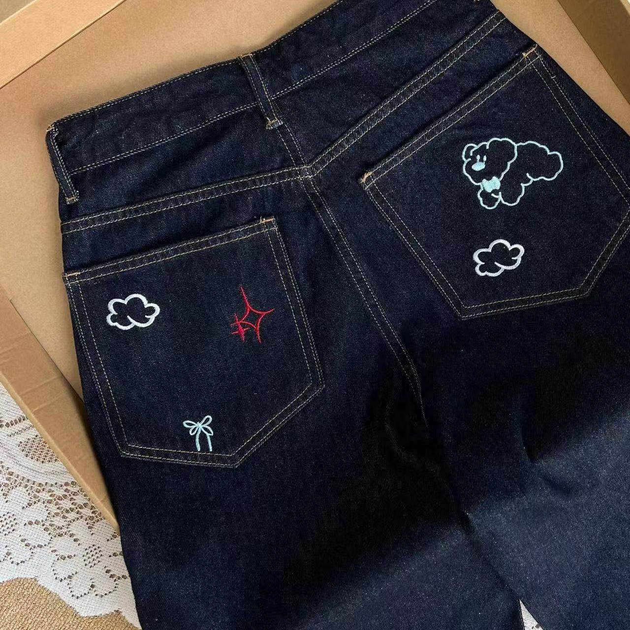 2025秋季新款阔腿牛仔裤女小狗刺绣设计感高腰显瘦小众直筒长裤子,淘宝优惠券,粉丝福利购,淘宝优惠卷