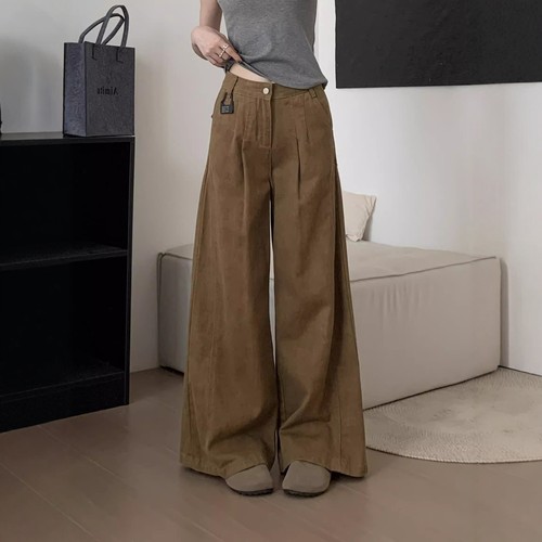 美式复古褶皱黄金叶阔腿牛仔裤女秋冬新款高腰宽松显瘦拖地长裤子 - 图0