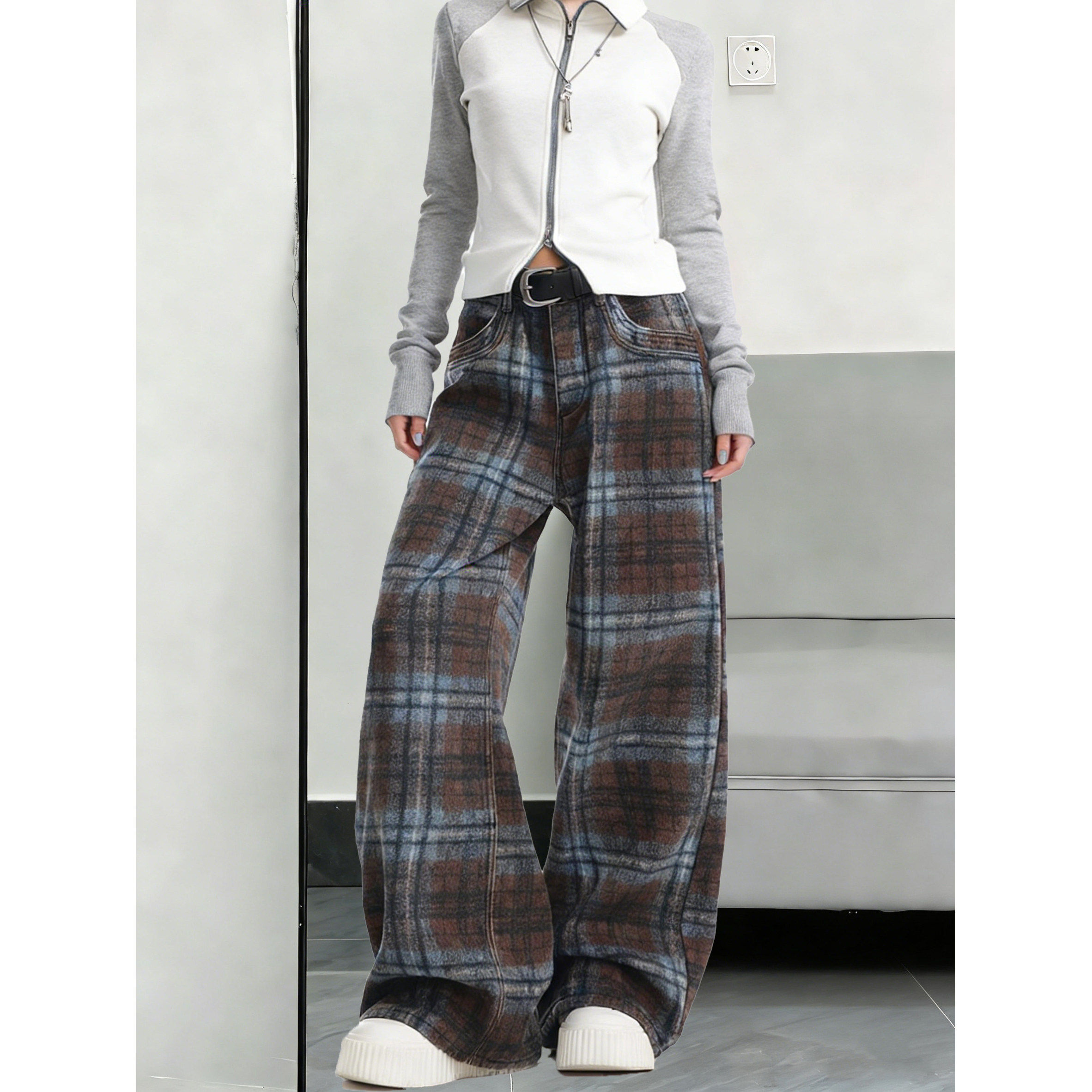 美式复古格子阔腿牛仔裤子女2026春季新款高腰宽松显瘦休闲拖地裤,淘宝优惠券,粉丝福利购,淘宝优惠卷