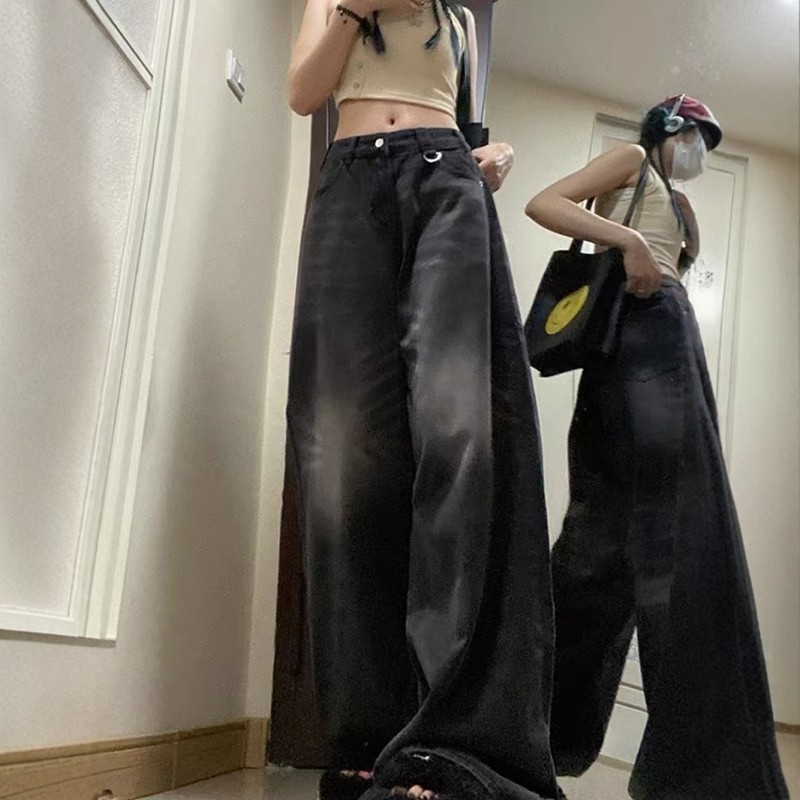 秋季新款复古水洗做旧阔腿牛仔裤女大码胖mm宽松垂感直筒拖地裤子,淘宝优惠券,粉丝福利购,淘宝优惠卷