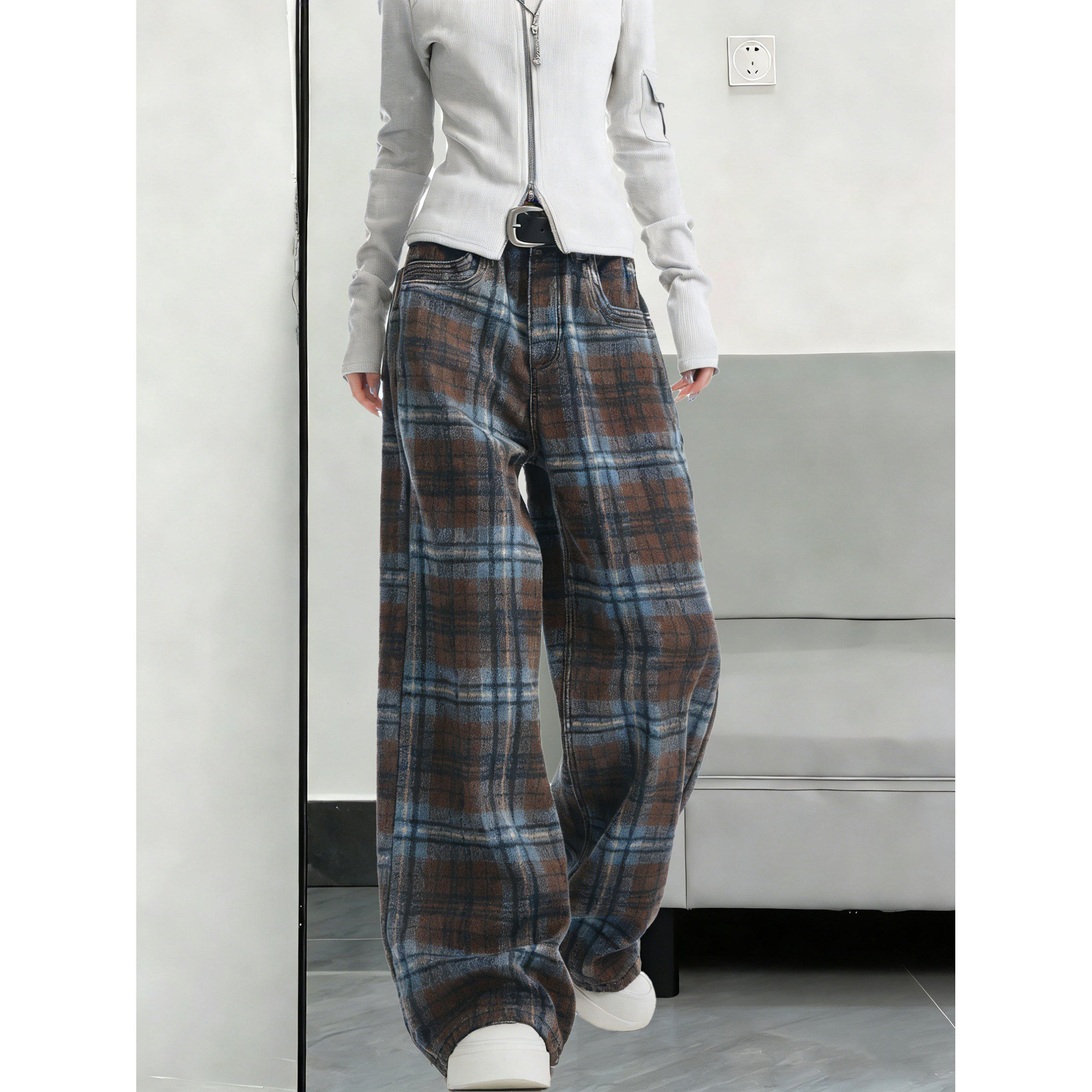 美式复古格子阔腿牛仔裤子女2026春季新款高腰宽松显瘦休闲拖地裤,淘宝优惠券,粉丝福利购,淘宝优惠卷