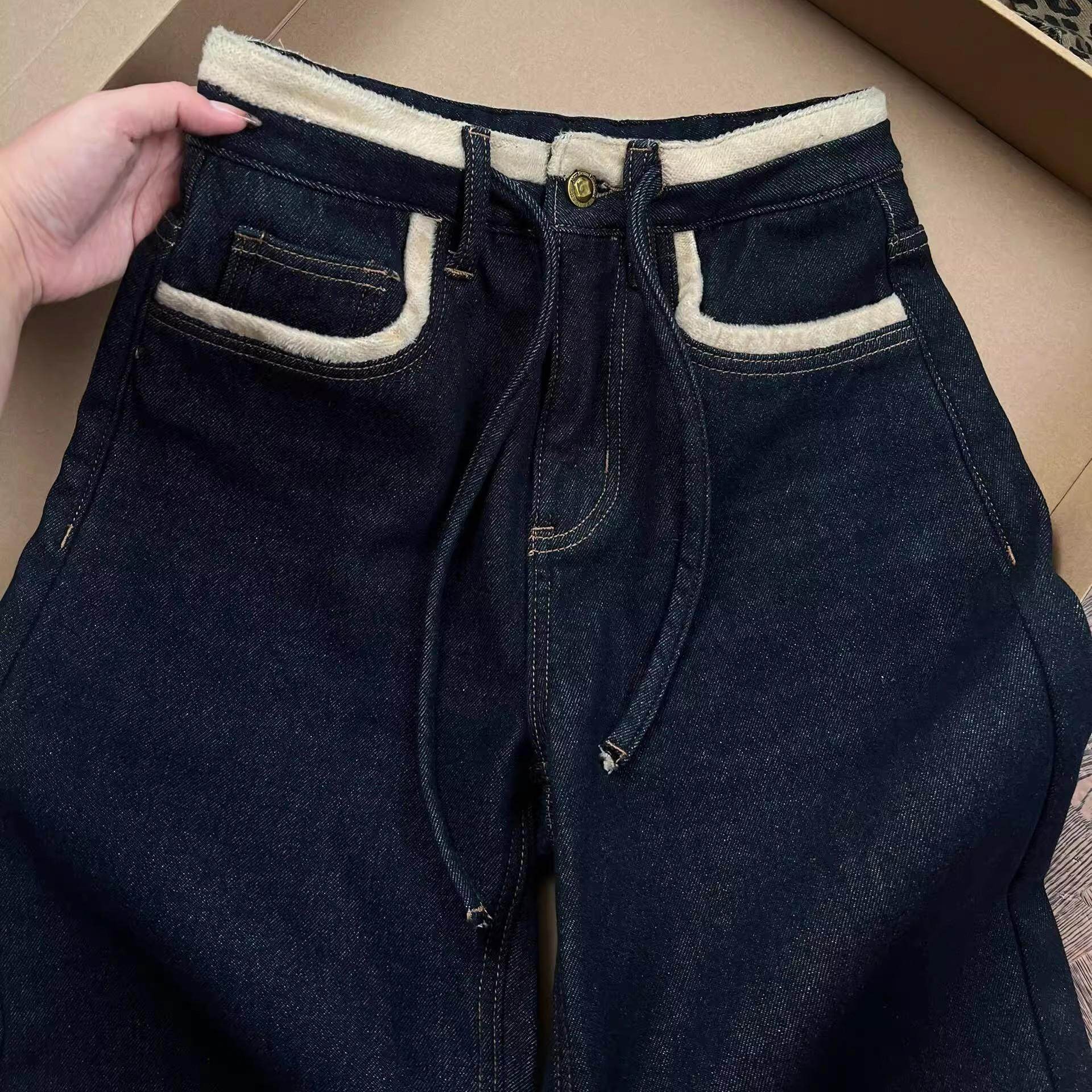 冬季新款高腰超软细绒牛仔裤女垂感直筒裤加绒加厚保暖阔腿长裤子,淘宝优惠券,粉丝福利购,淘宝优惠卷