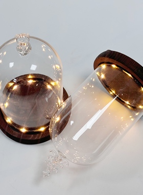 永生花顶饰防尘玻璃罩仿古底座发光圈灯卡扣玩偶粘土防潮装饰摆件