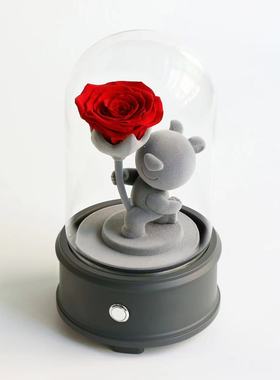 永生花玫瑰花束单手举花小熊憨憨公仔摆件花盒儿童生日情人节礼物