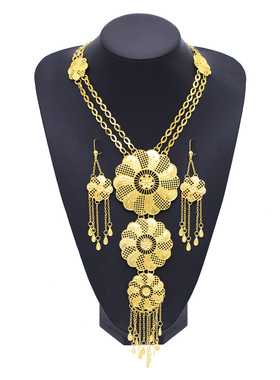 新款印度金色花朵流苏项链耳环女