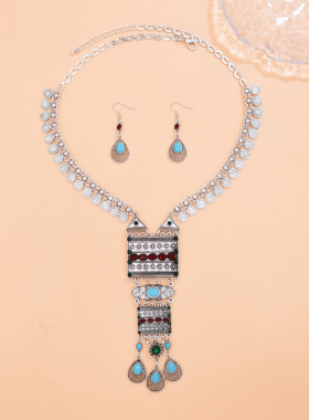 时尚钱币镶钻民族风项链耳环套装