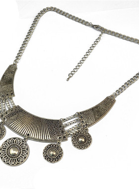 欧美复古雕纹金属圆片合金项链