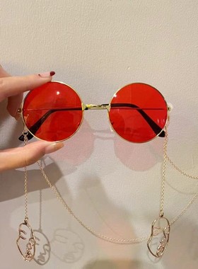 国潮风墨镜眼镜网红红色墨镜带链条太阳镜复古结婚接亲伴娘拍照