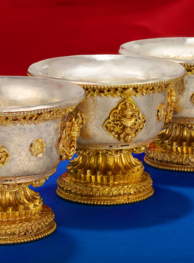 藏式S925纯银鎏金八吉祥供水碗尼泊尔供水杯佛前供奉七供杯一套