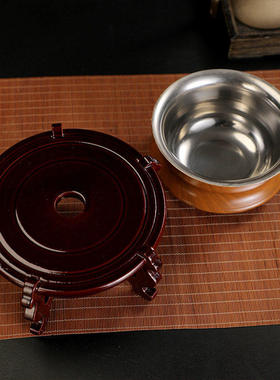 彩绘双层不锈钢木纹供水碗供水杯圣水杯仿古碗供奉摆件带木托一套