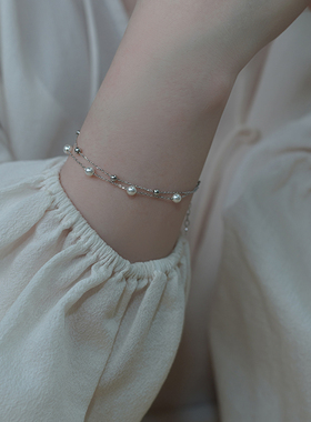 如帆 简约通勤气质小珍珠银珠双层手链925纯银迷你小众手环40985