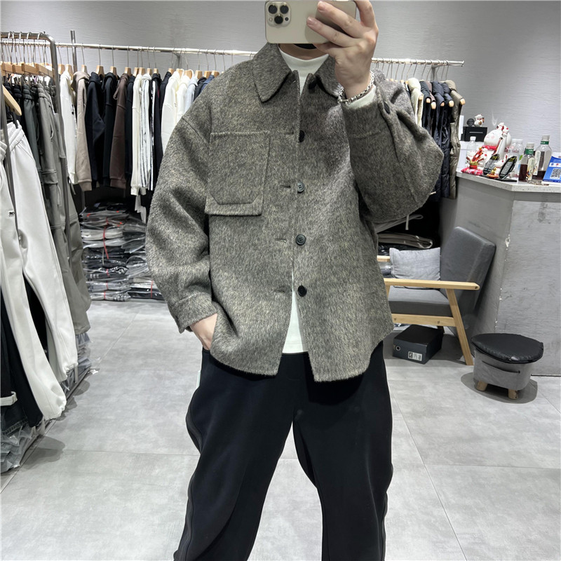 轻奢高级感翻领双面羊毛呢大衣男秋冬美式复古宽松廓形衬衫款外套,淘宝优惠券,粉丝福利购,淘宝优惠卷