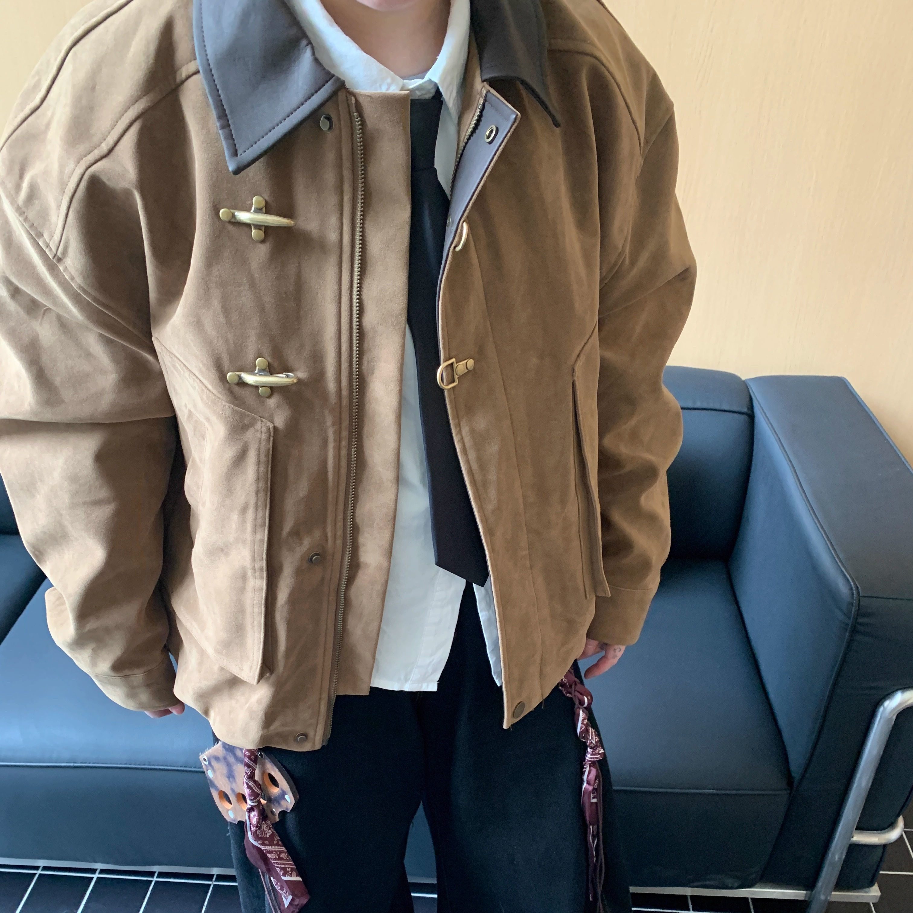 老鼻噶美式复古翻领飞机扣麂皮绒夹克男短款宽松工装外套高级感,淘宝优惠券,粉丝福利购,淘宝优惠卷